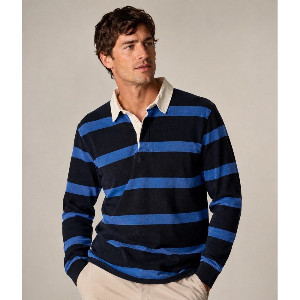 Vintage Lands End Rugby Shirt Striped Blue Cotton Long Sleeve Polo Preppy Y2K XL